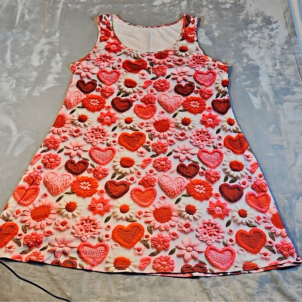Womens Sleeveless A-Line Dress Scoop Neck Stretch Floral Heart Pink Red XL